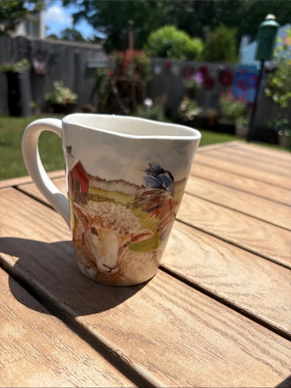 Pier 1 Farmyard Sheep Ceramic Mug in White with Green & Brown Accents